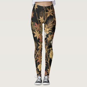 Vintage Japanese Black Gold Autumn Floral Art Leggings