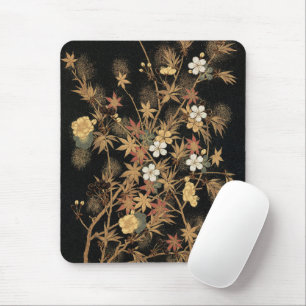 Vintage Japanese Black Gold Autumn Floral Art Mouse Mat