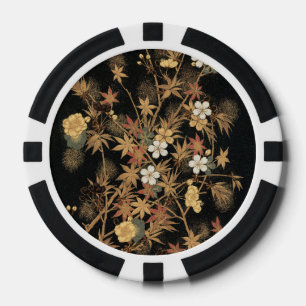 Vintage Japanese Black Gold Autumn Floral Art Poker Chips
