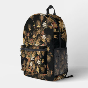 Vintage Japanese Black Gold Autumn Floral Art Printed Backpack