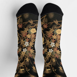 Vintage Japanese Black Gold Autumn Floral Art Socks