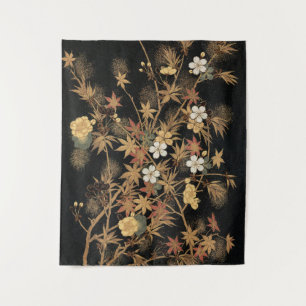 Vintage Japanese Black Gold Autumn Floral Art Tapestry