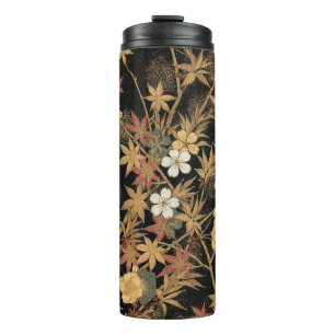 Vintage Japanese Black Gold Autumn Floral Art Thermal Tumbler