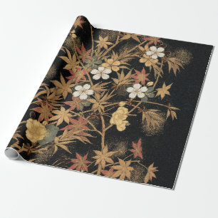 Vintage Japanese Black Gold Autumn Floral Art Wrapping Paper