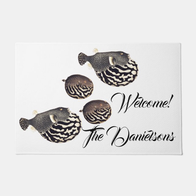 Vintage Japanese Blowfish Fish Art Welcome Doormat (Front)