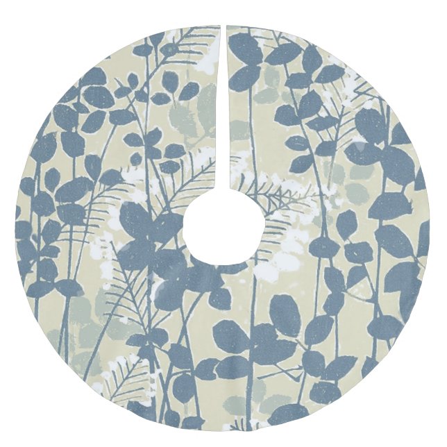 Vintage Japanese Blue Botanical: Cream Leaf Fern Brushed Polyester Tree Skirt (Front)