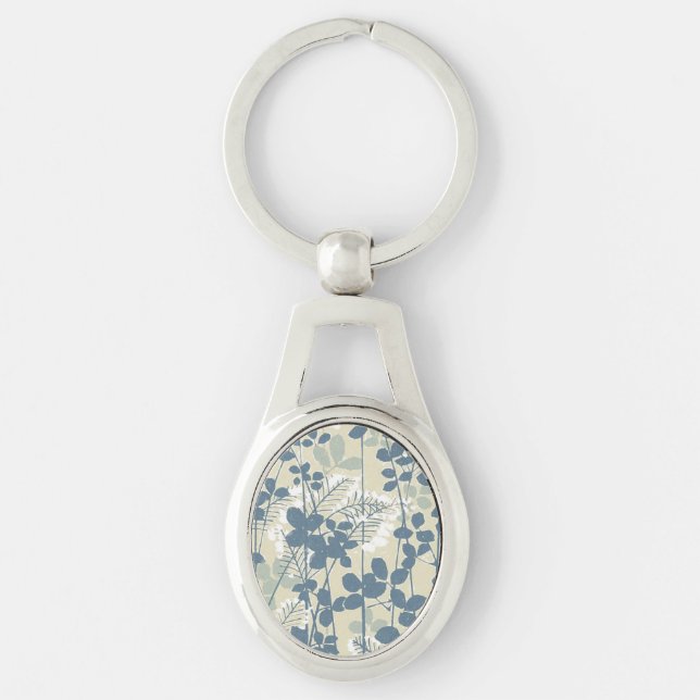 Vintage Japanese Blue Botanical: Cream Leaf Fern Key Ring (Front)