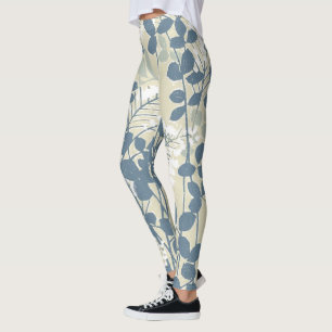 Vintage Japanese Blue Botanical: Cream Leaf Fern Leggings
