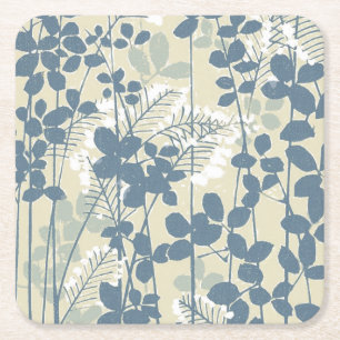 Vintage Japanese Blue Botanical: Cream Leaf Fern Square Paper Coaster