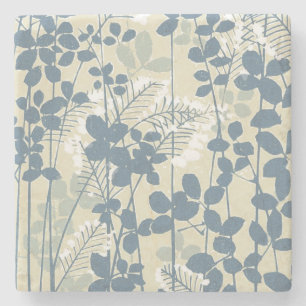 Vintage Japanese Blue Botanical: Cream Leaf Fern Stone Coaster