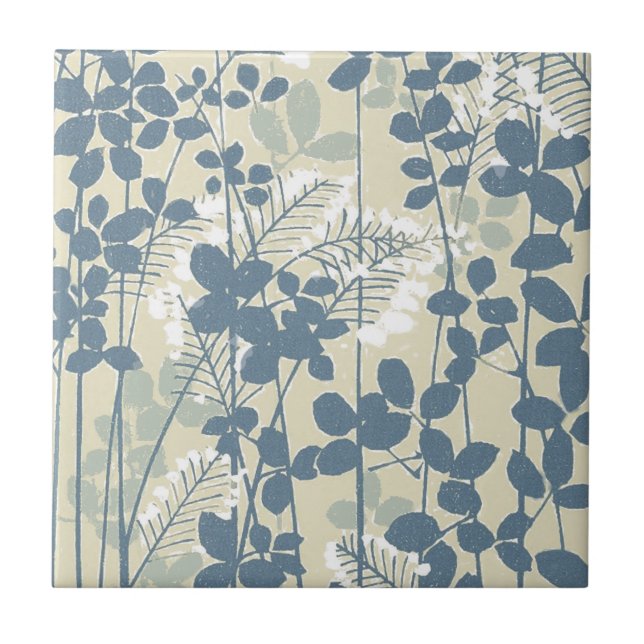 Vintage Japanese Blue Botanical: Cream Leaf Fern Tile (Front)