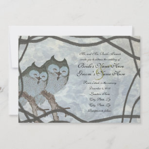 Vintage Japanese Blue Owl Wedding Invitation