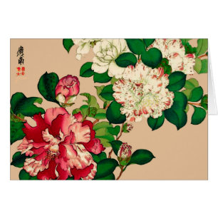 Vintage Japanese Camellias. Deep Pink on Beige