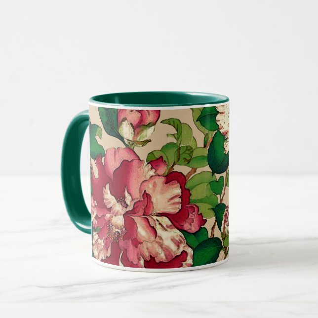 Vintage Japanese Camellias. Deep Pink on Beige Mug (Front Left)