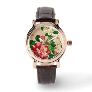 Vintage Japanese Camellias. Deep Pink on Beige Watch