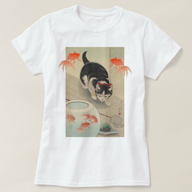 Vintage Japanese Cat and Goldfish Art T-Shirt (Design Front)