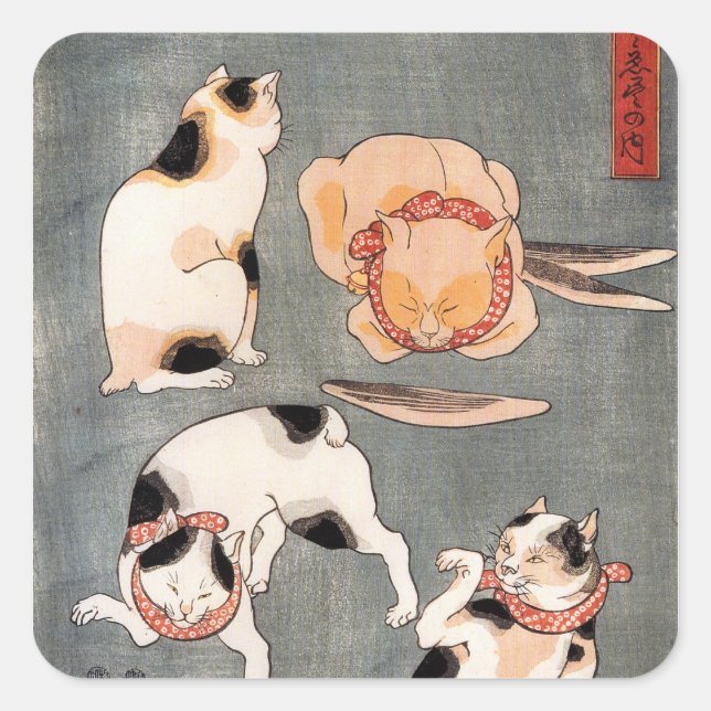 Vintage Japanese Cat Art Square Sticker (Front)