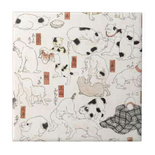 Vintage Japanese Cat Art Ukiyoe Woodblock Print Tile