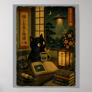 Vintage Japanese Cat Book Lovers Ufo Alien Poster