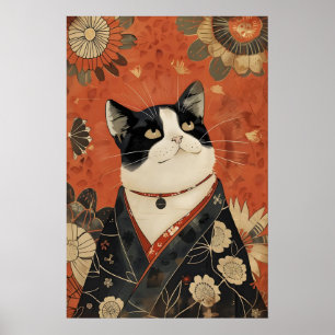 Vintage Japanese Cat Poster Funny Kimono Wall Art