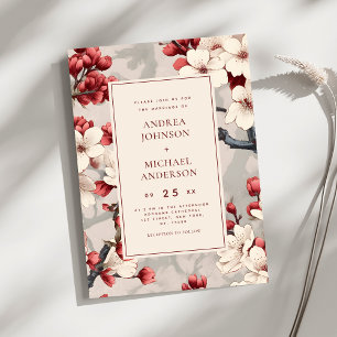 Vintage Japanese Cherry Blossom Burgundy Wedding Invitation