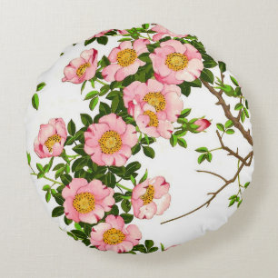 Vintage Japanese Cherry Blossoms, Pink and Gold Round Cushion