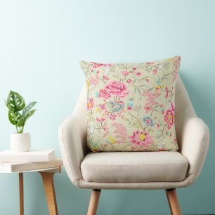 Vintage Japanese Chinoiserie Floral Bird Pattern Cushion