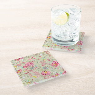 Vintage Japanese Chinoiserie Floral Bird Pattern Glass Coaster