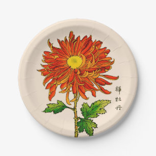 Vintage Japanese Chrysanthemum. Orange and Gold Paper Plate