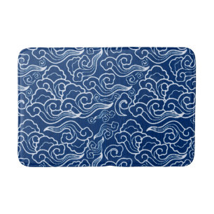 Vintage Japanese Clouds, Cobalt Blue and White Bath Mat