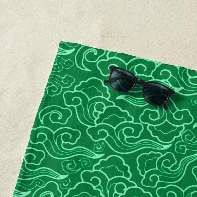 Vintage Japanese Clouds, Jade Green Beach Towel (In Situ)