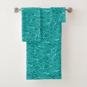 Vintage Japanese Clouds, Turquoise and Aqua Bath Towel Set