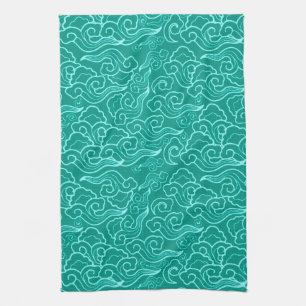 Vintage Japanese Clouds, Turquoise and Aqua Tea Towel