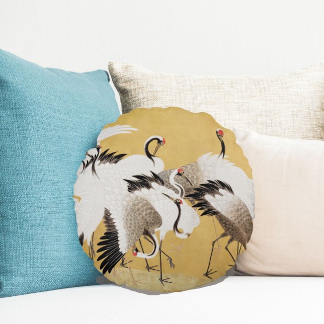 Vintage Japanese Crane Bird Flocks Round Cushion (Creator Uploaded)