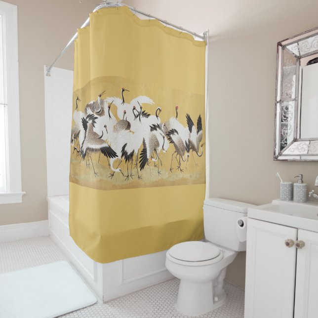 Vintage Japanese Crane Bird Flocks Shower Curtain (In Situ)