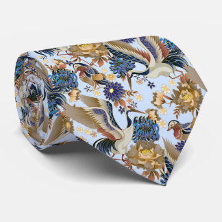 Vintage Japanese Crane Blue Chrysanthemum Sky Blue Tie