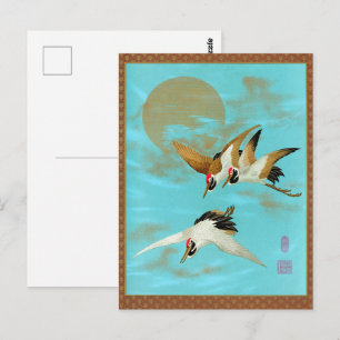 Vintage Japanese Crane & Gold Sun Blue Art Postcard