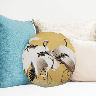 Vintage Japanese Crane Painting Round Cushion