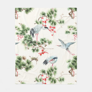Vintage Japanese Cranes and Conifers Fleece Blanket