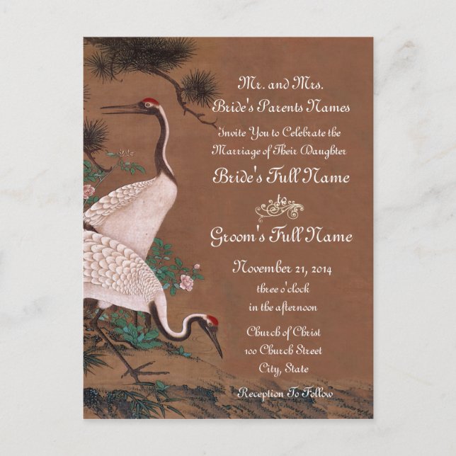 Vintage Japanese Cranes Wedding Invitations (Front)