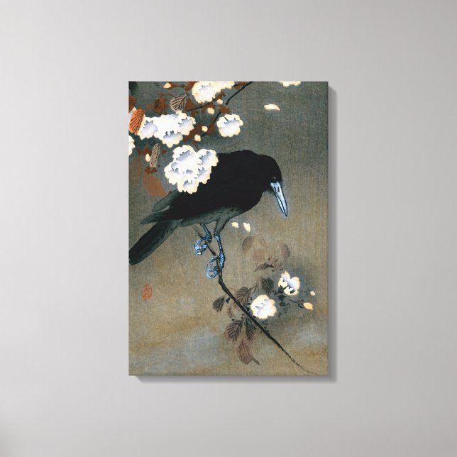 Vintage Japanese Crow and Blossom Woodblock Print (Front)
