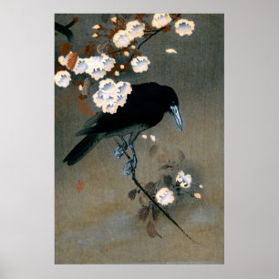 Vintage Japanese Crow and Blossom Woodblock Print
