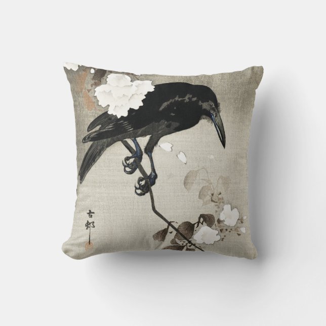 Vintage Japanese Crow and Blossom Woodblock Print Cushion (Front)