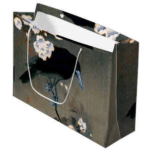 Vintage Japanese Crow and Blossom Woodblock Print Large Gift Bag