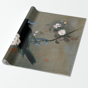 Vintage Japanese Crow and Blossom Woodblock Print Wrapping Paper