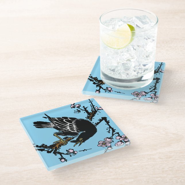 Vintage Japanese Crow and Cherry Blossoms Glass Coaster (Angled)