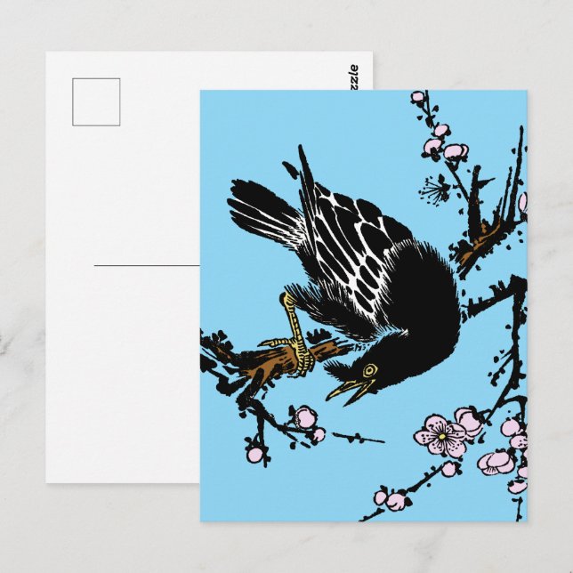 Vintage Japanese Crow and Cherry Blossoms Postcard (Front/Back)