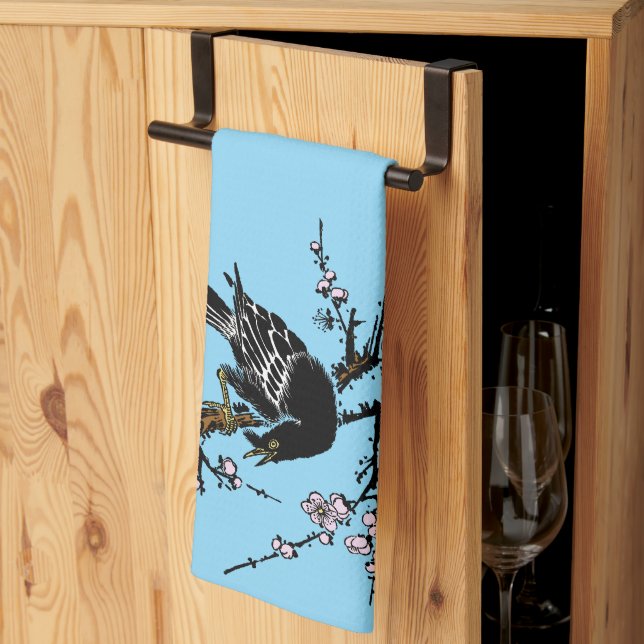 Vintage Japanese Crow and Cherry Blossoms Tea Towel (Thirds Fold)