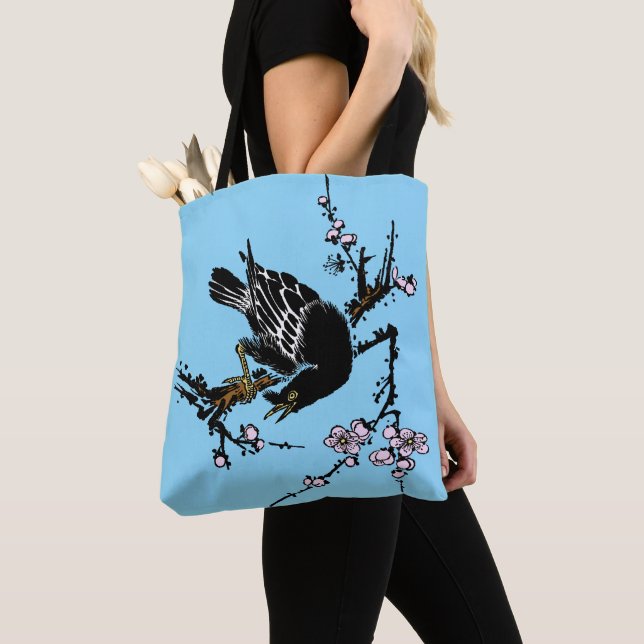 Vintage Japanese Crow and Cherry Blossoms Tote Bag (Close Up)