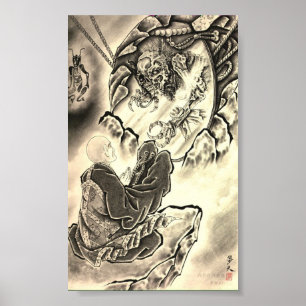 Vintage japanese demon monk tattoo poster